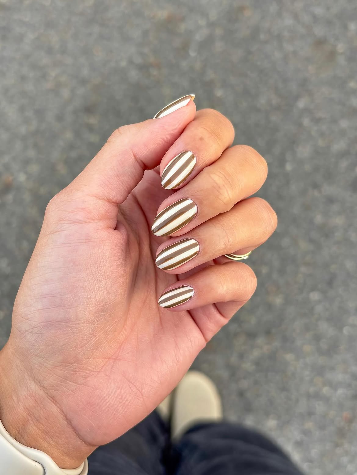 Brown and White Striped Almond Nails