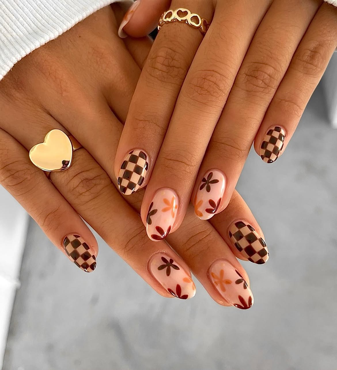 Brown & Beige Checkerboard Floral Almond Nails