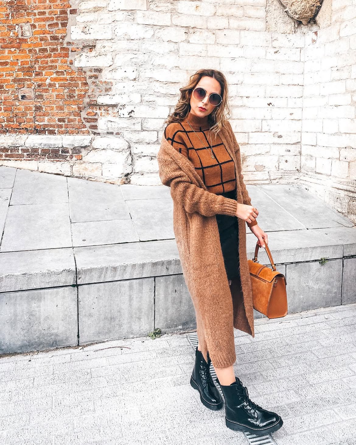 Brown Checkered Sweater And Maxi Cardigan Outfit