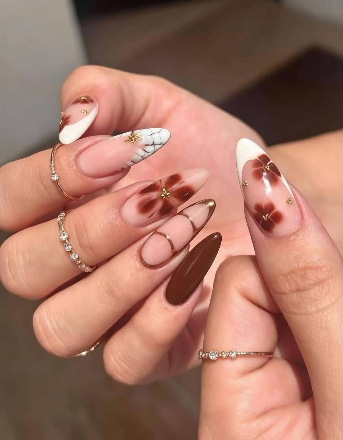 Brown Floral French Almond Nails