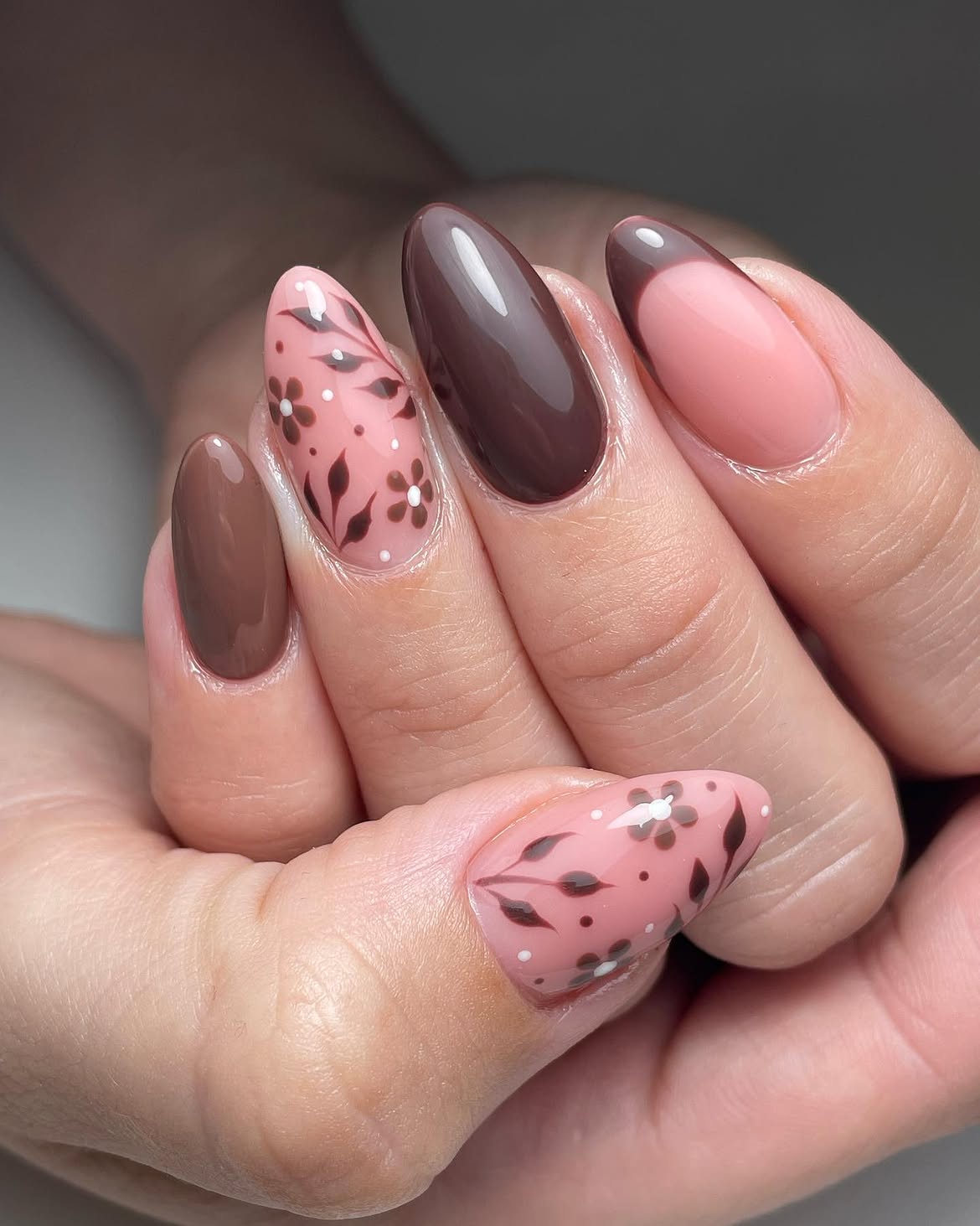 Brown Floral Milk Bath Almond Nails