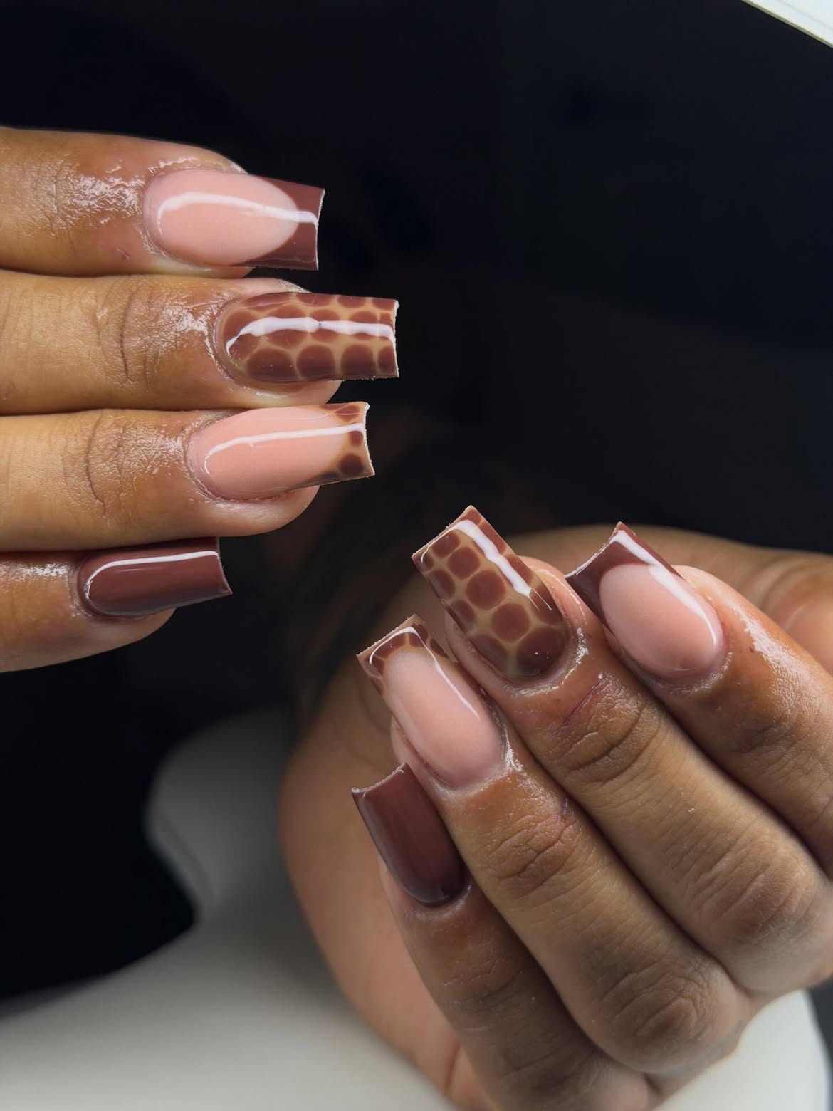 Brown French Tips with Giraffe Print Accents