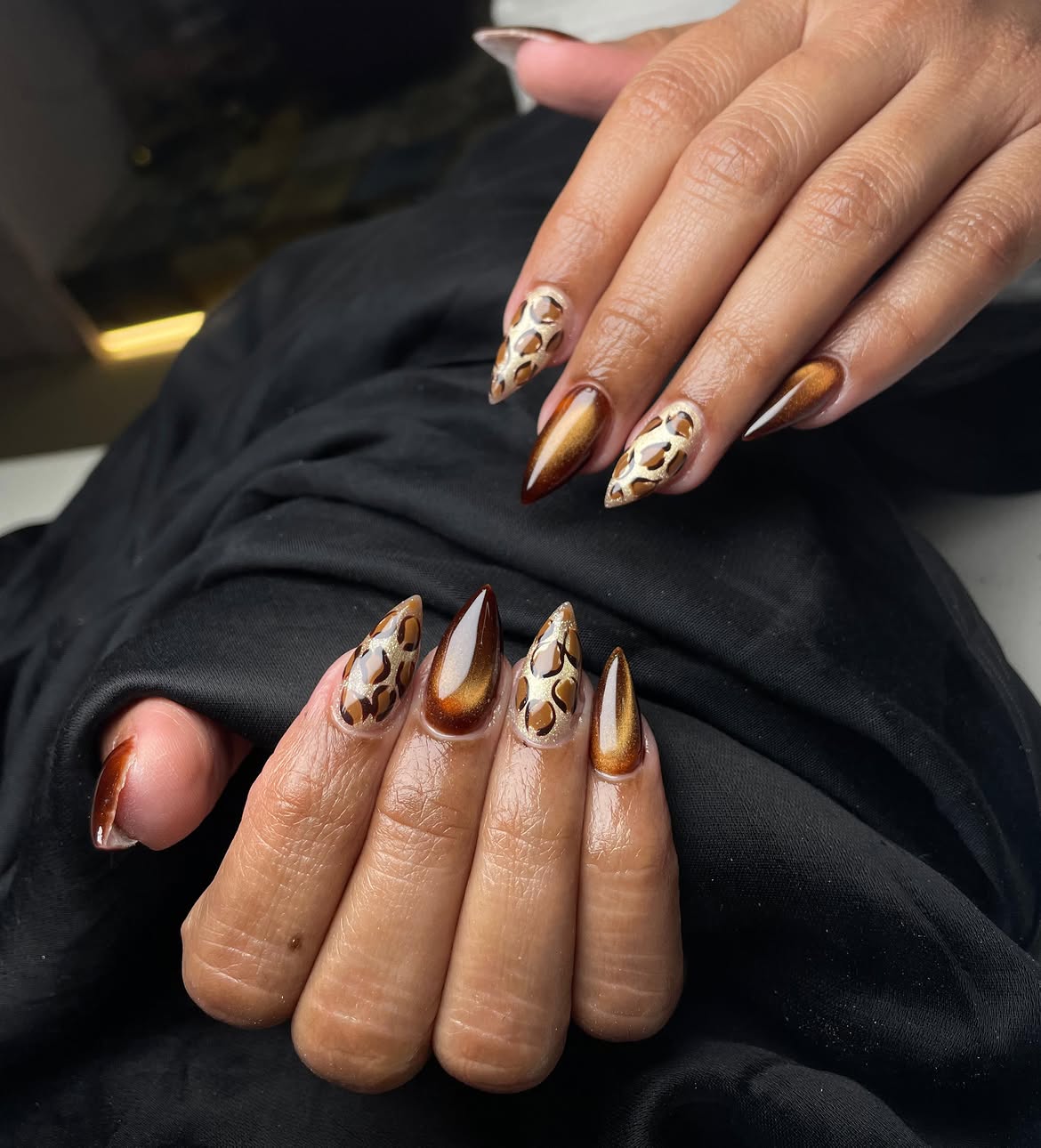 Brown Leopard Cat Eye Almond Nails