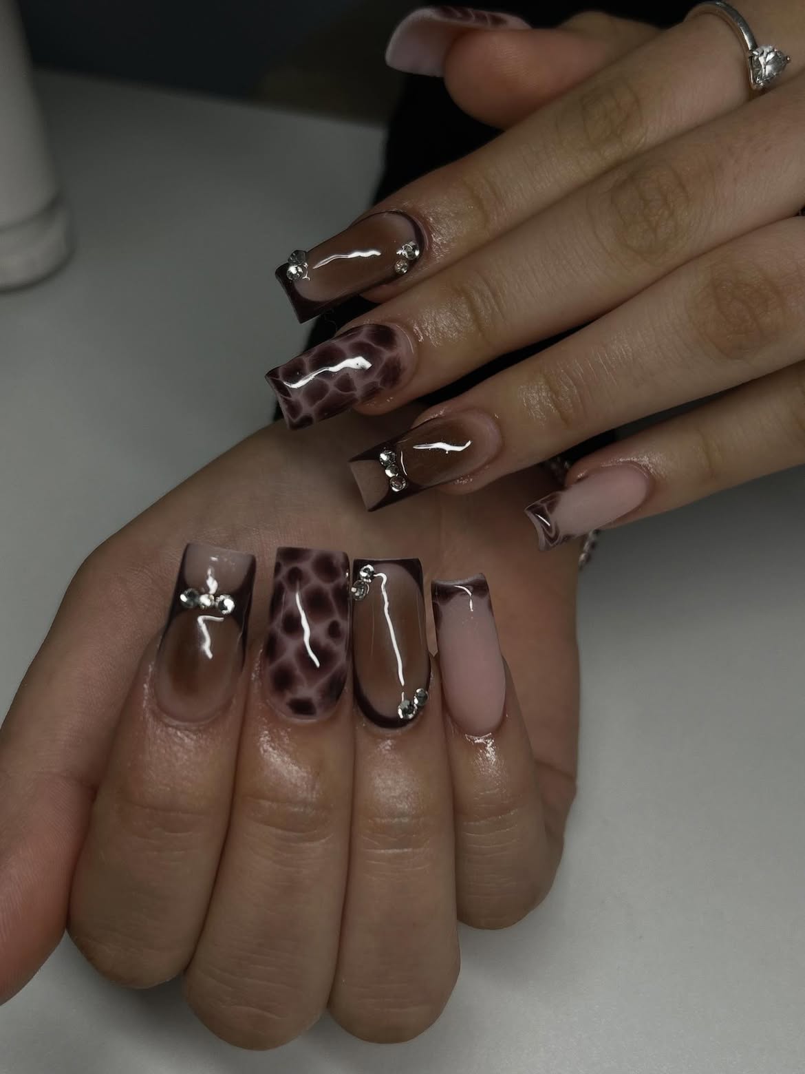 Brown Leopard Ombre French Tip Coffin Nails