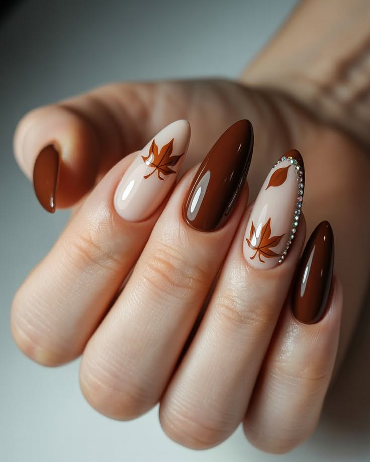 Brown Maple Leaf Almond Aura Nails