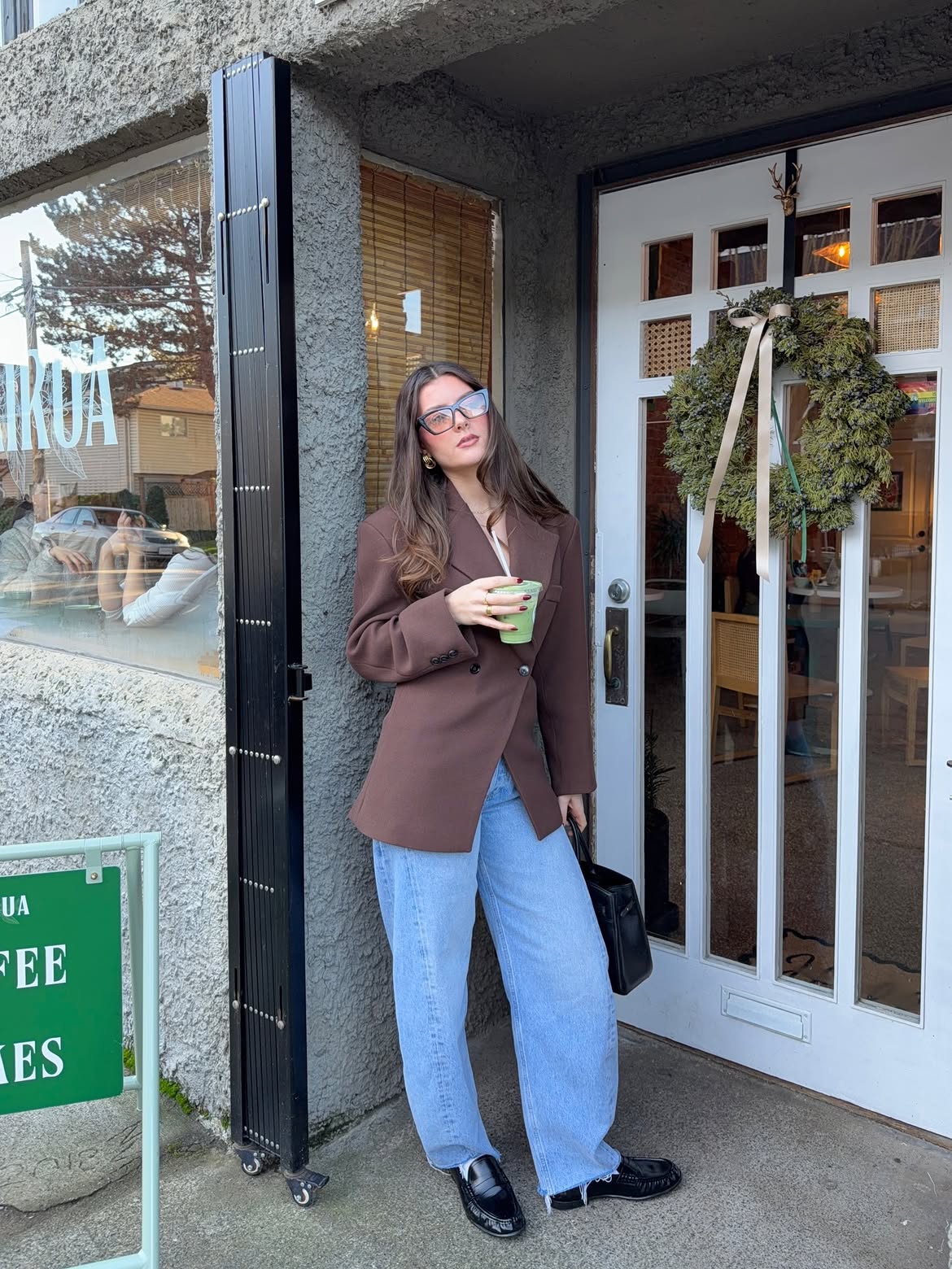 Brown Oversized Blazer With Light Wash Wide-Leg Jeans