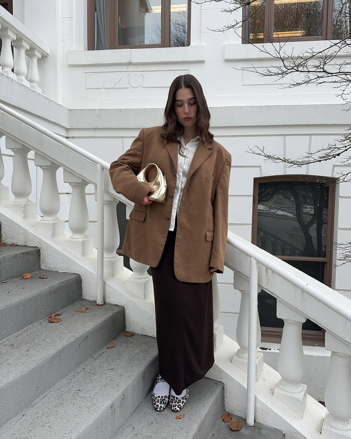 Brown Oversized Blazer With Maxi Skirt Outfit
