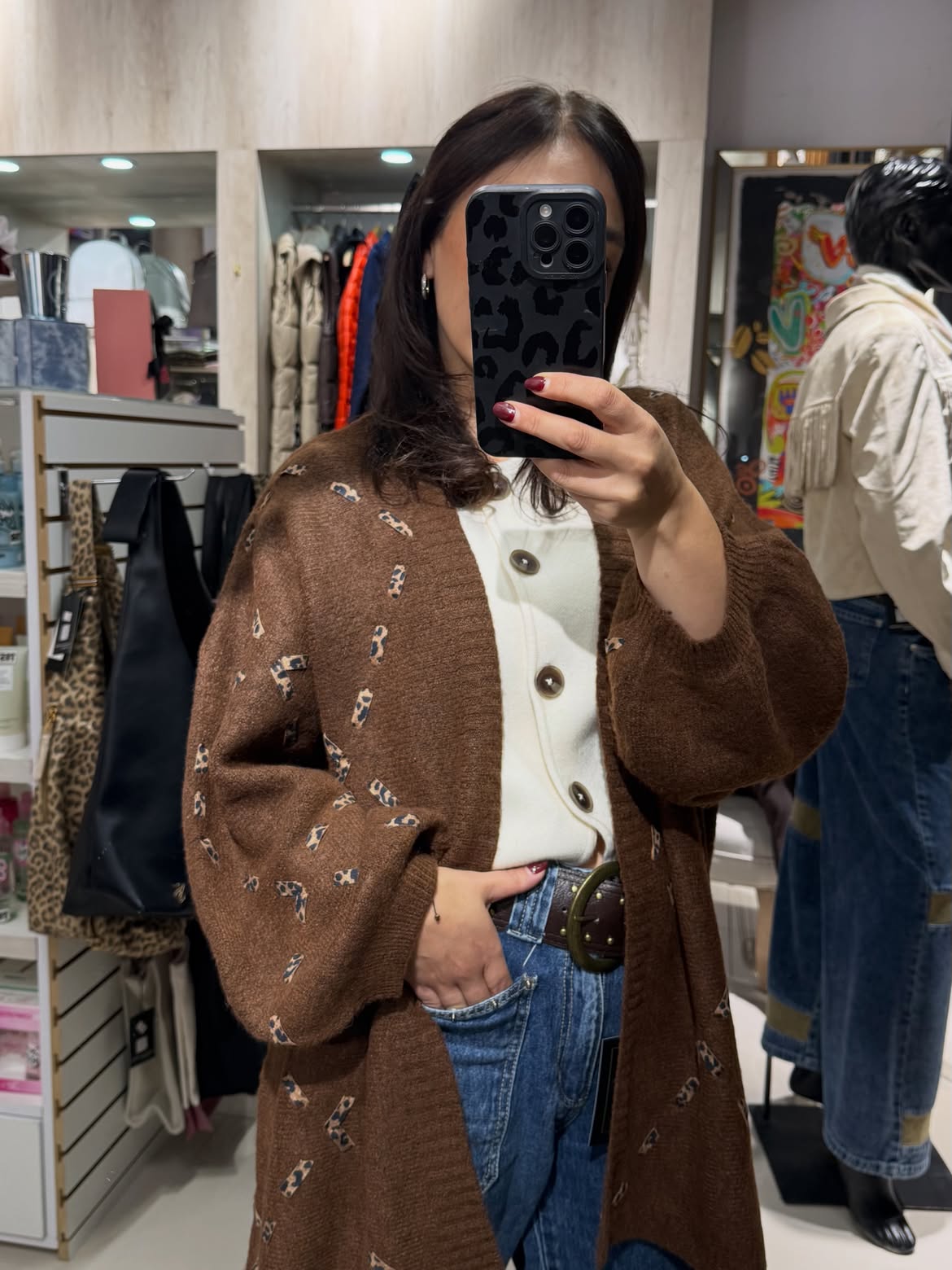 Brown Patterned Cardigan With Cream Knit And Denim
