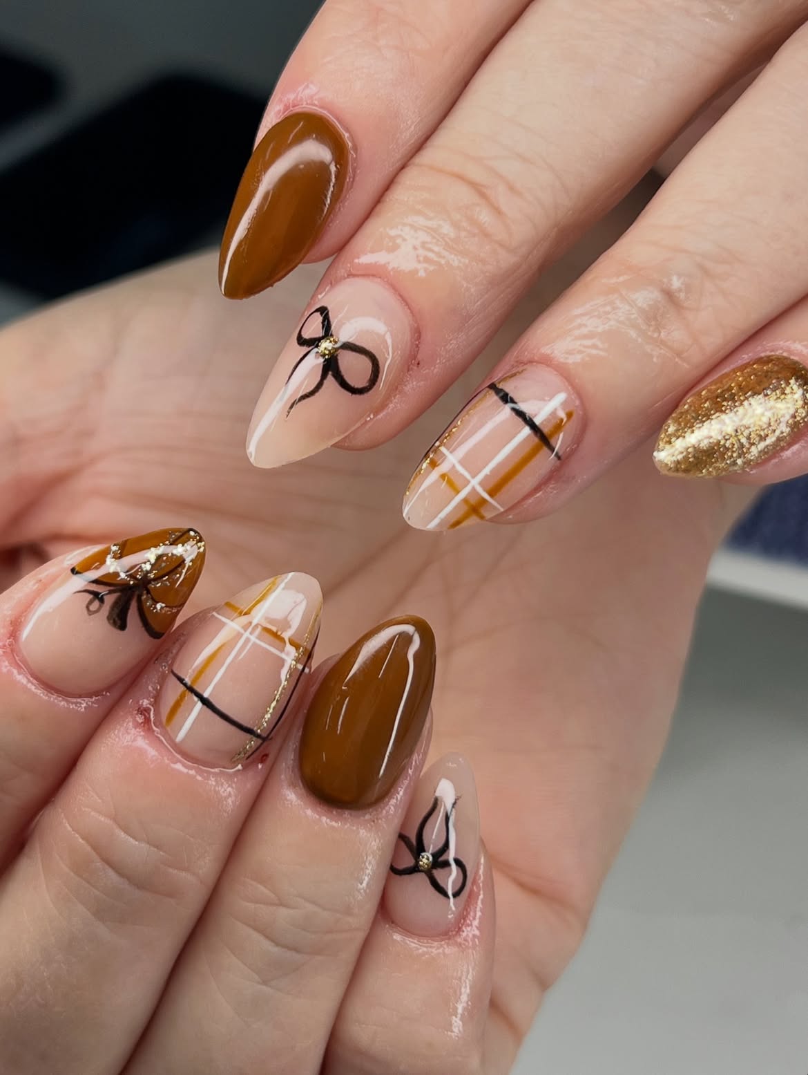 Brown Plaid Almond Nails with Bow Detail