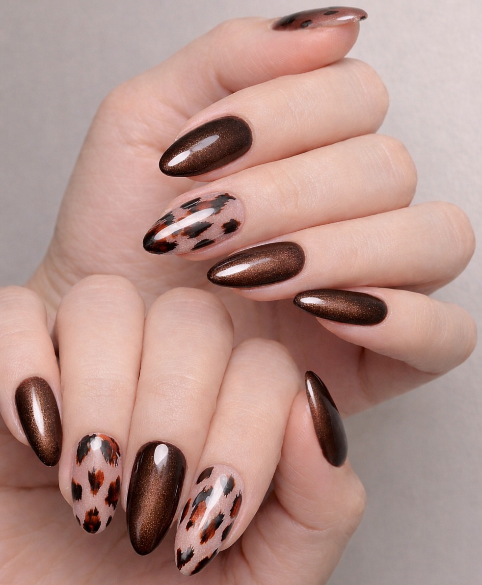 Brown Shimmer Leopard Print Almond Nails