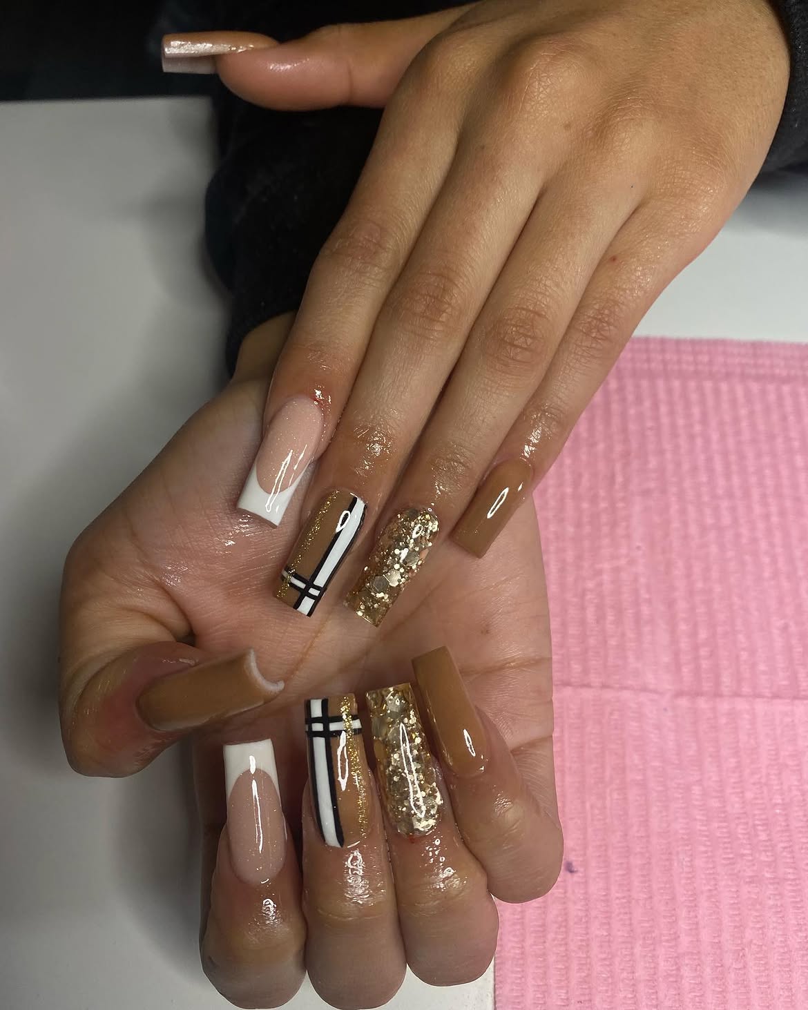 Burberry Inspired Plaid French Tip Coffin Nails