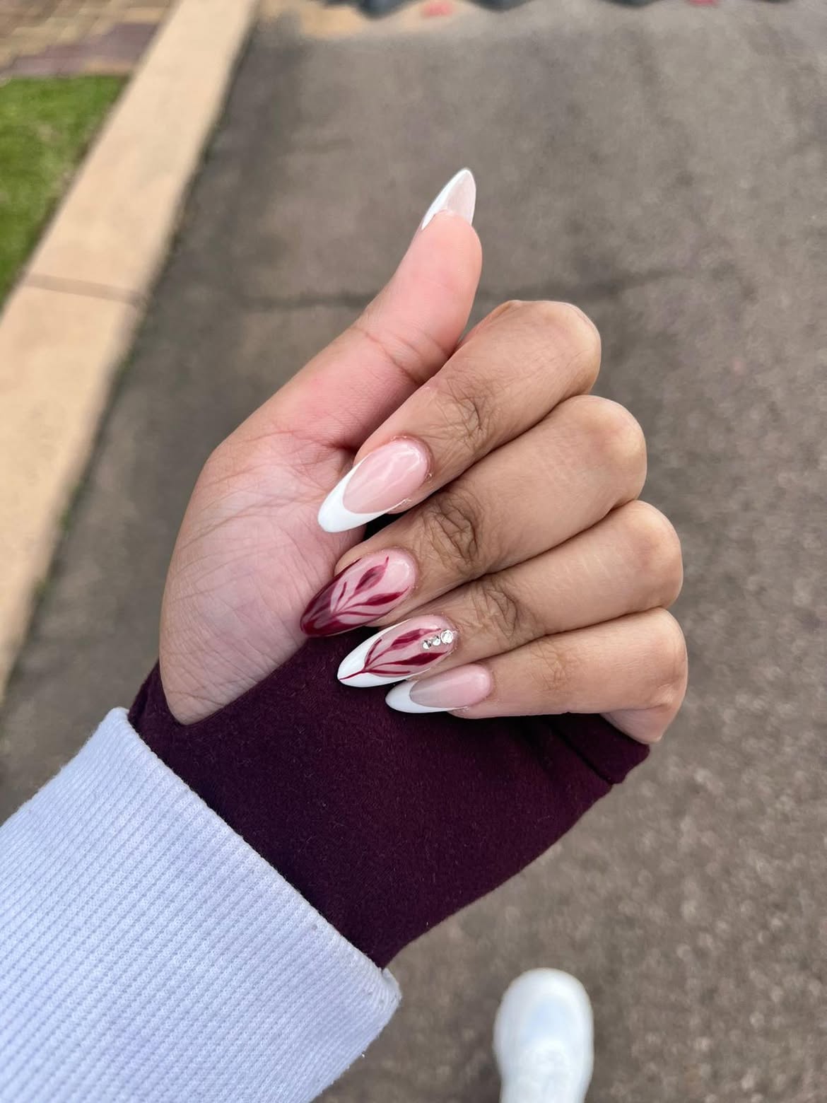 Burgundy Leaf French Almond Nails