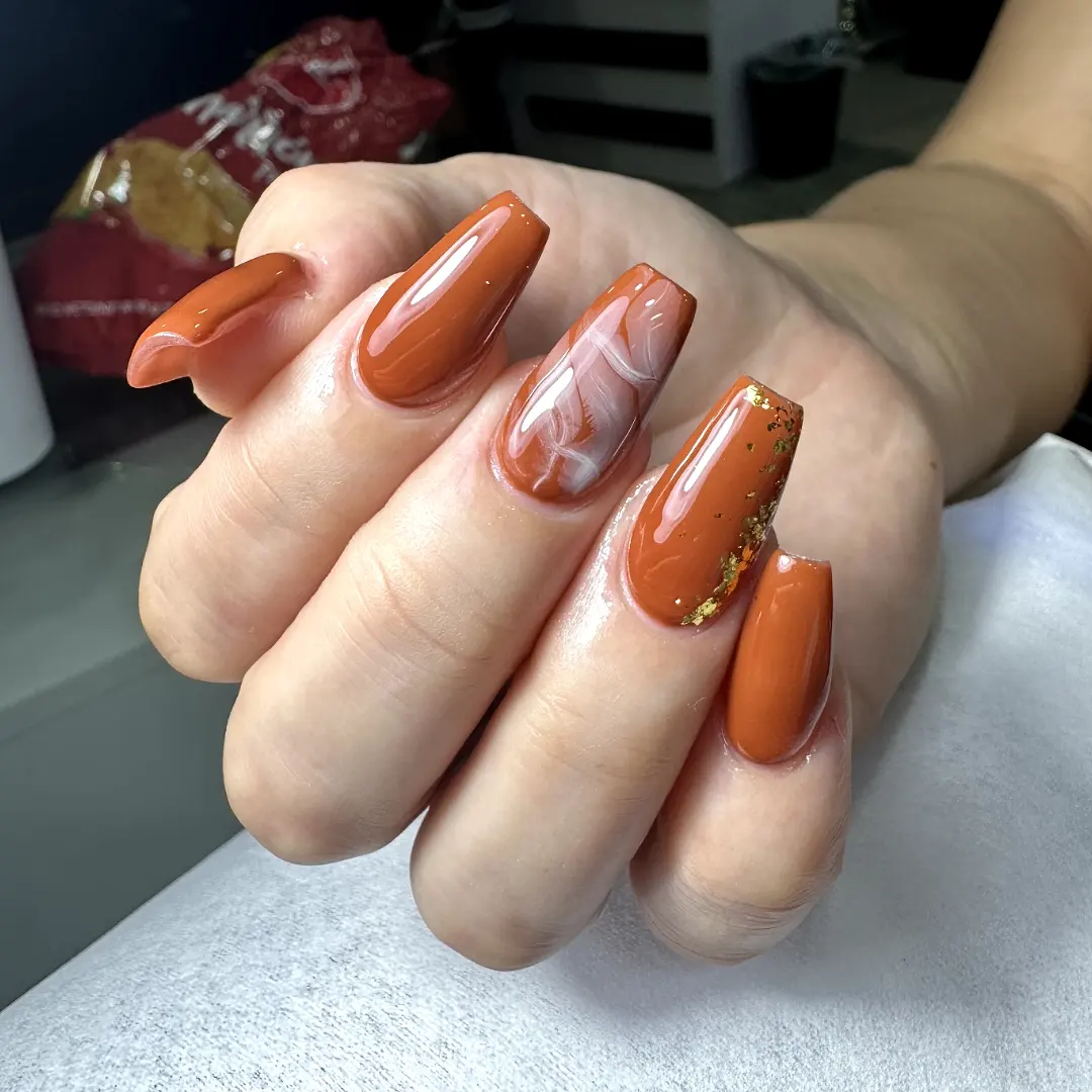 Burnt Orange Marble and Gold Flake Coffin Nails