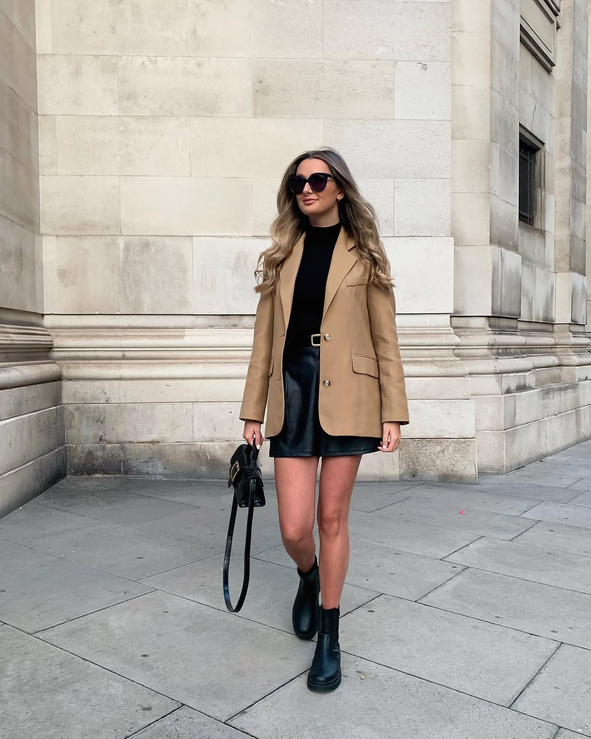 Camel Blazer With Black Mini Skirt Go-To