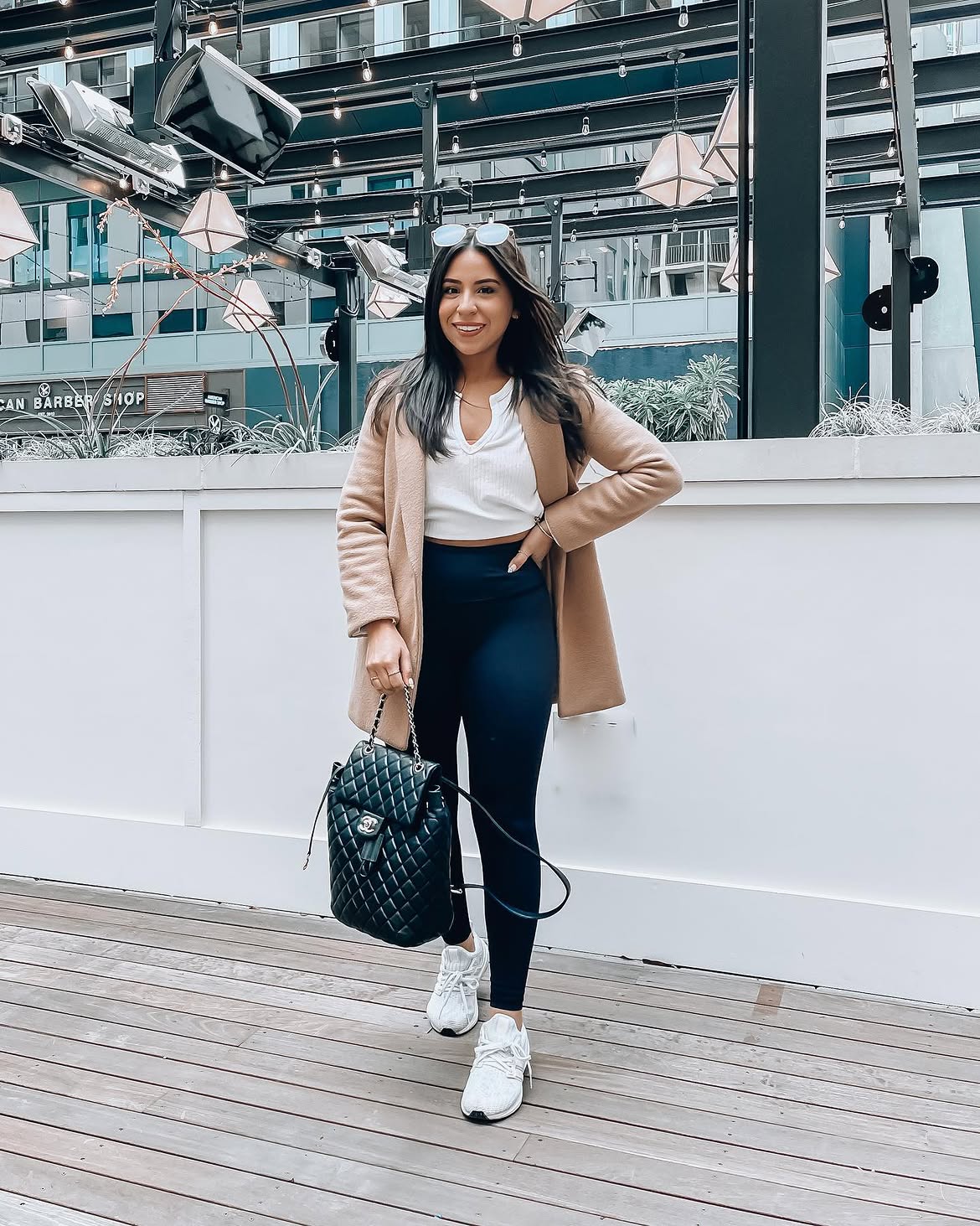 Camel Coat With Black Leggings Sporty Chic