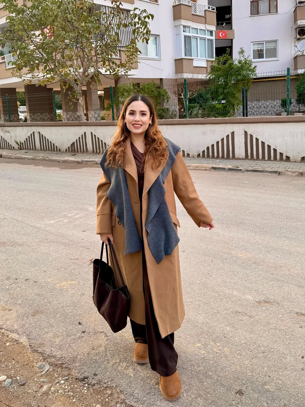 Camel Coat With Brown Monochromatic Ensemble