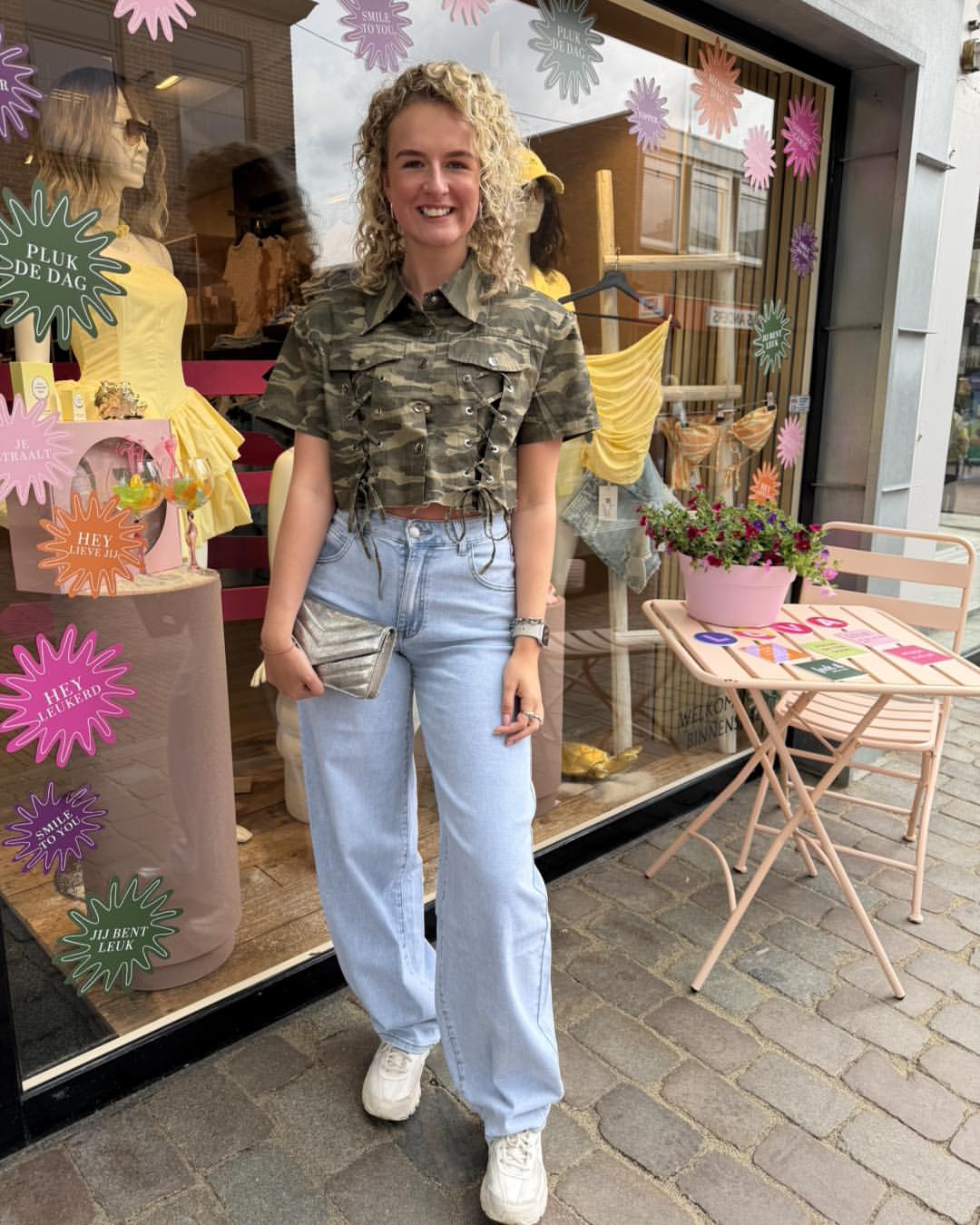 Camo Corset Top With Light Wash Wide Leg Jeans