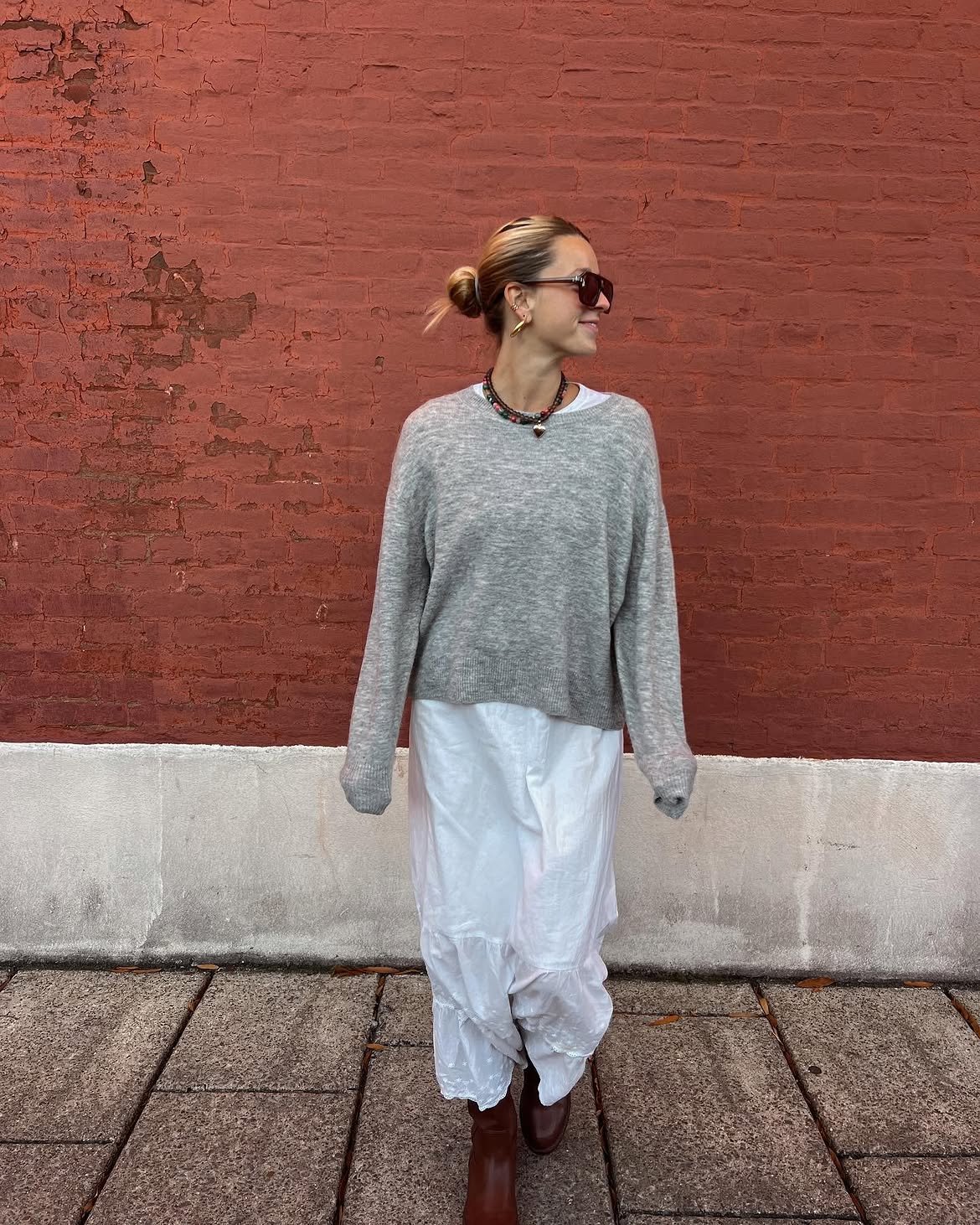 Casual Grey Sweater Over White Tiered Midi Dress