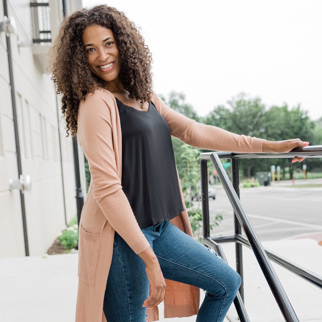 Casual Peach Cardigan and Black Camisole Outfit