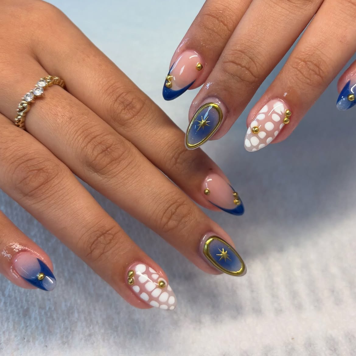 Celestial Ombre Almond Nails with Gold Accents