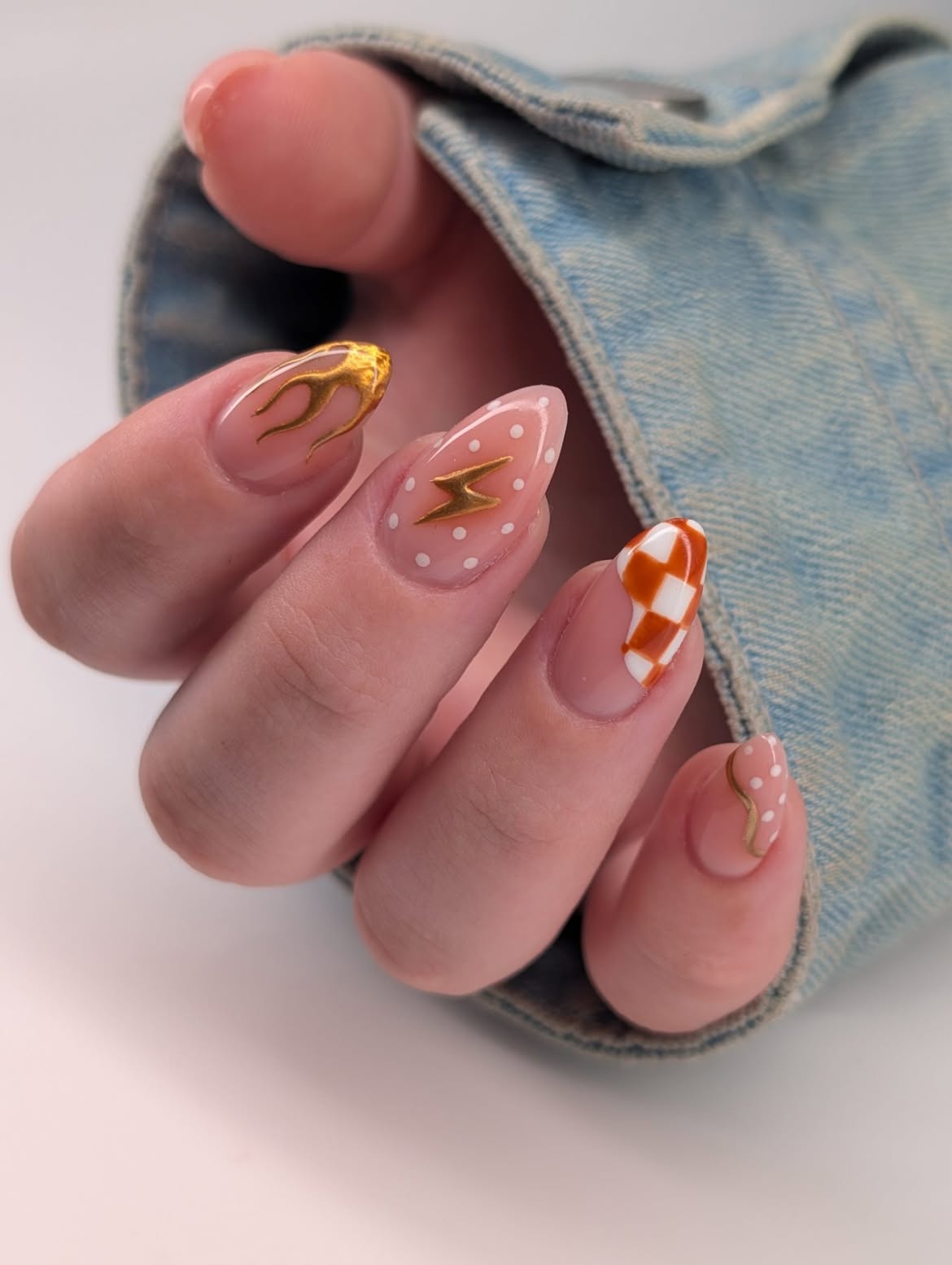 Checkerboard & Flame Accent Almond Nails
