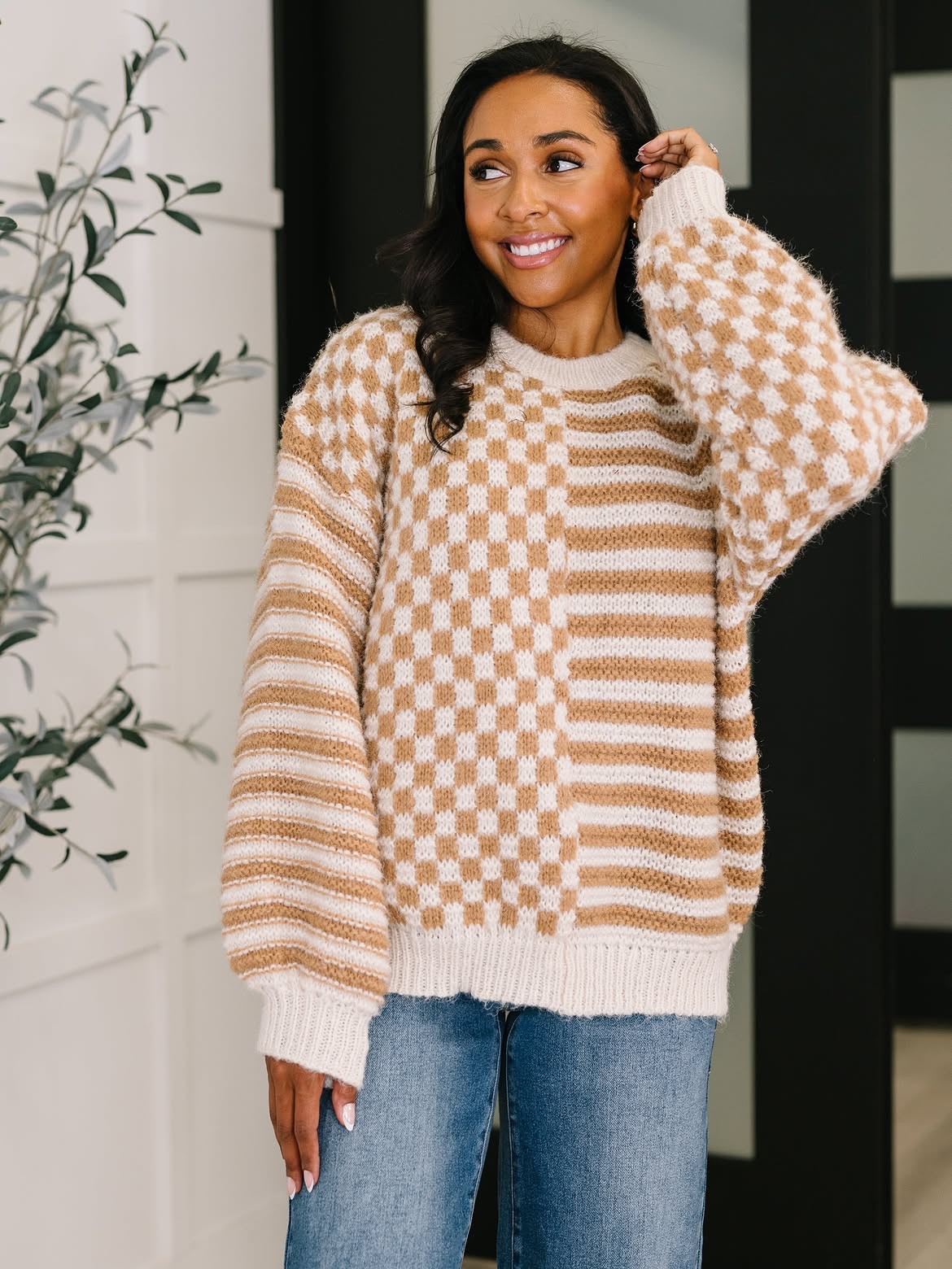 Checkerboard Knit With Relaxed Denim Casual Look