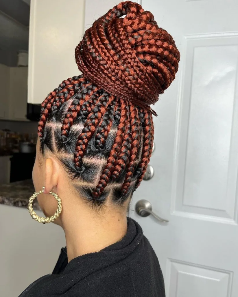 Chic Auburn Box Braids High Bun