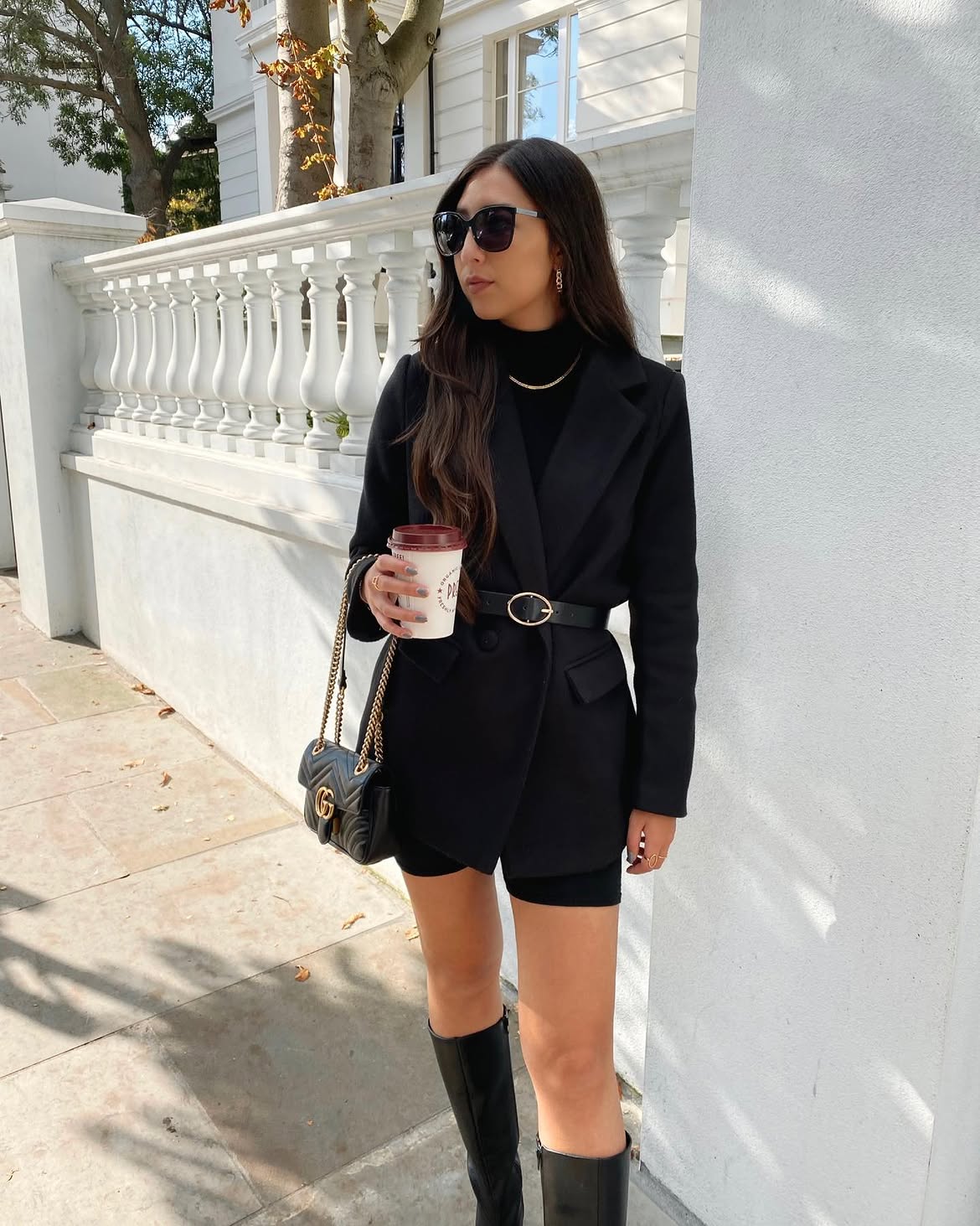 Chic Black Blazer With Biker Shorts And Boots