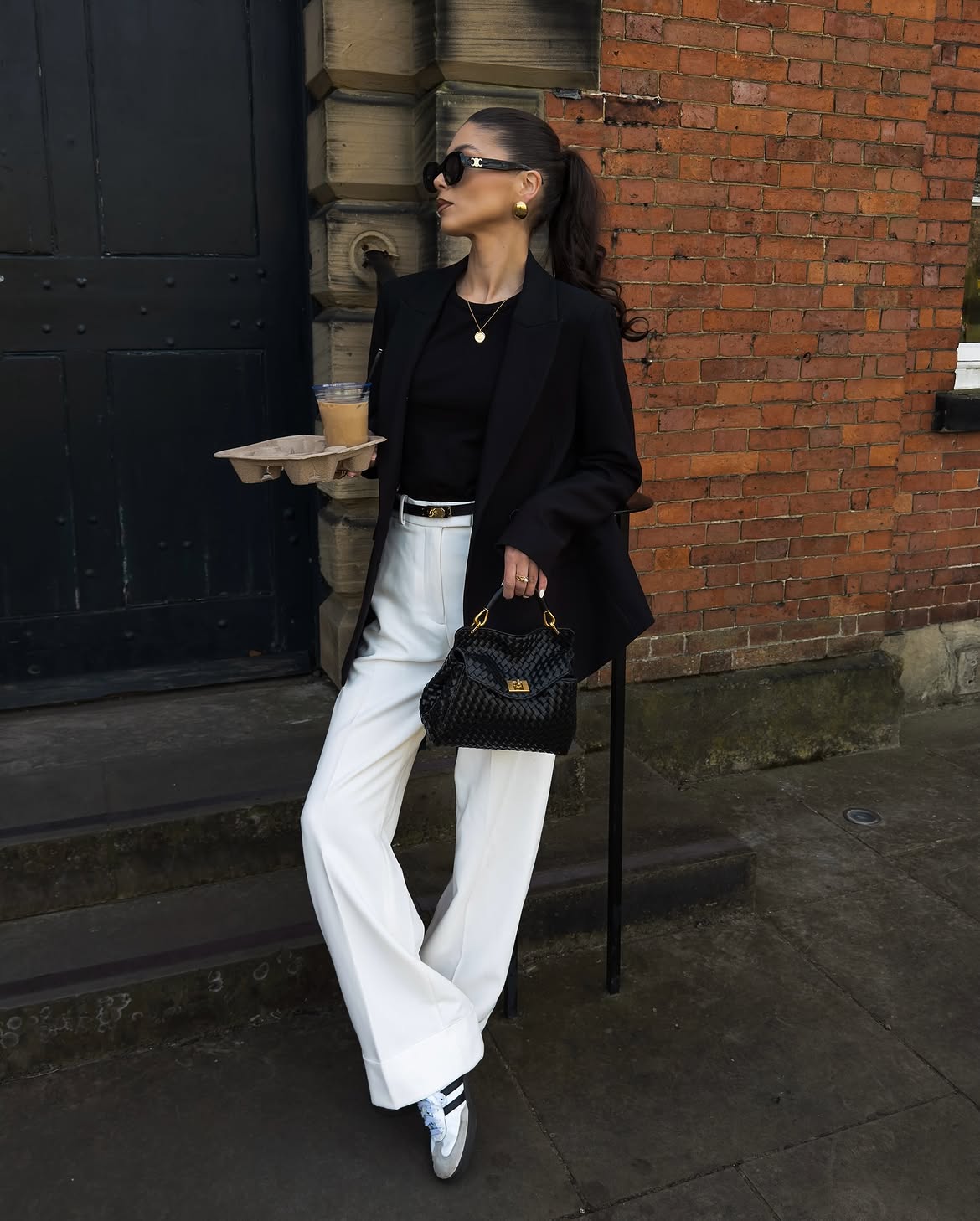 Chic Black Blazer With Crisp White Wide-Leg Trousers