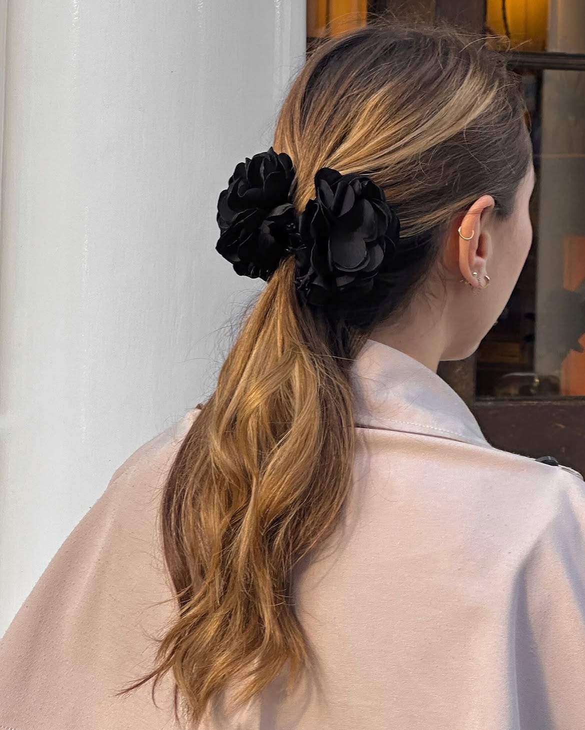 Chic Black Flower Accent Ponytail Waves