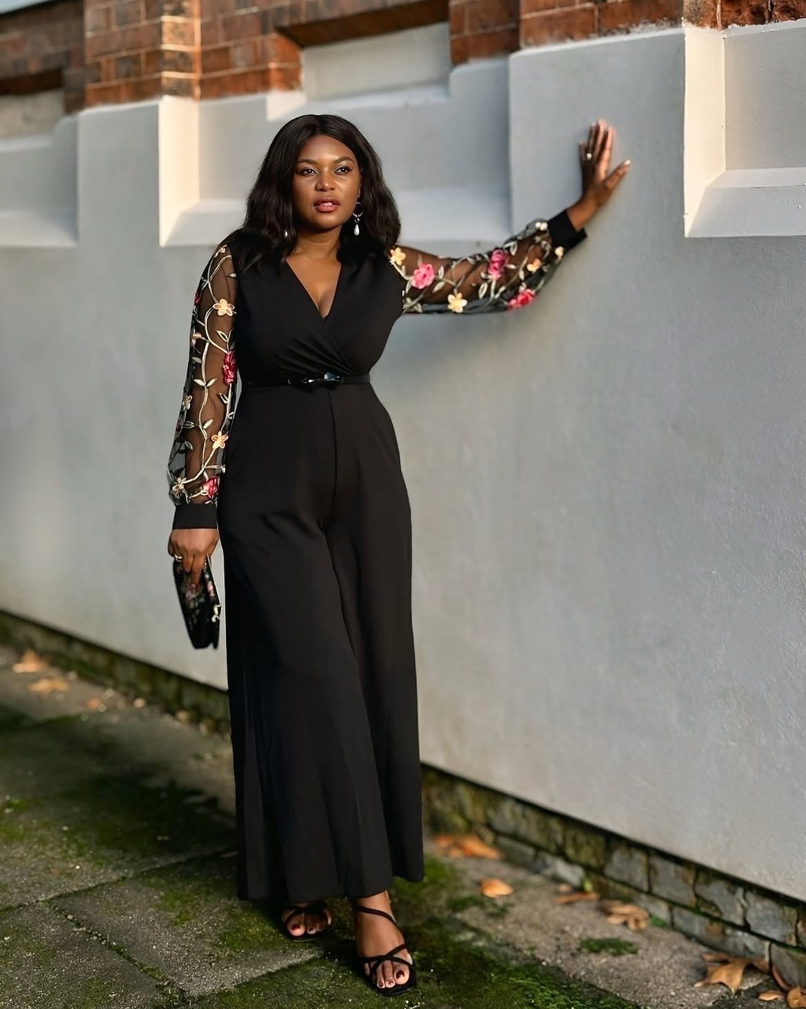 Chic Black Jumpsuit With Embroidered Mesh Sleeves