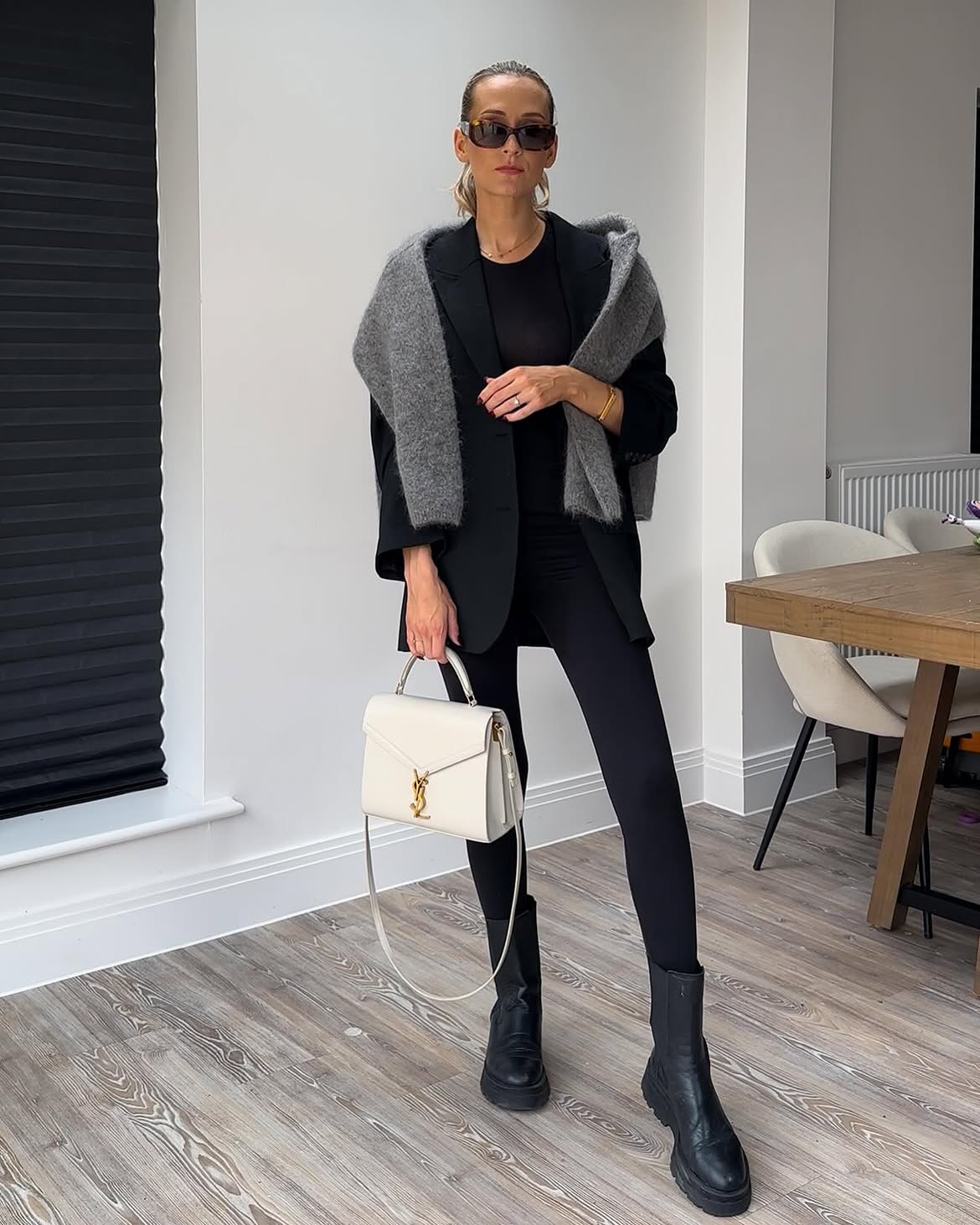 Chic Black Leggings With Blazer and Chunky Boots