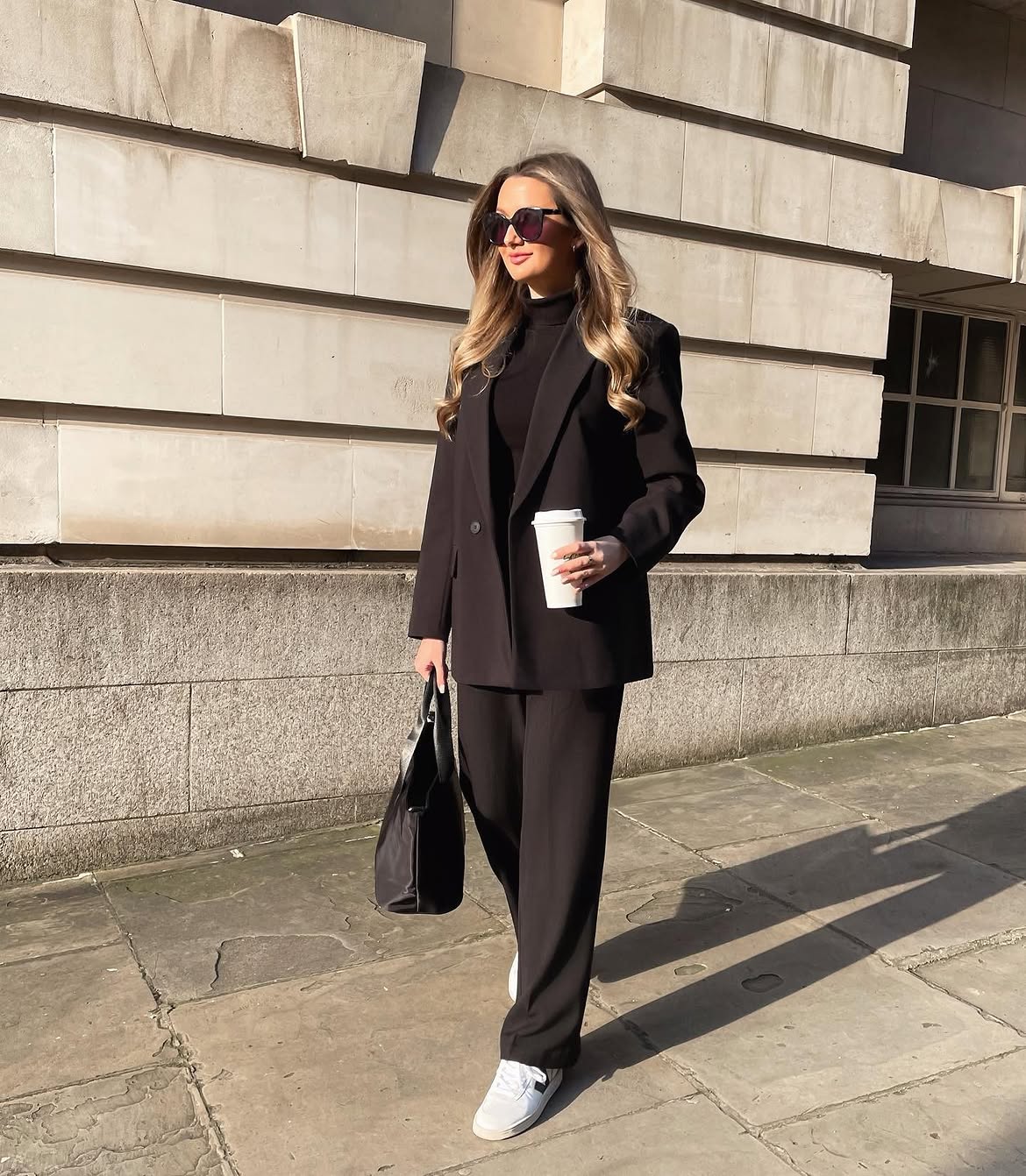 Chic Black Suit With Sneakers Street Style