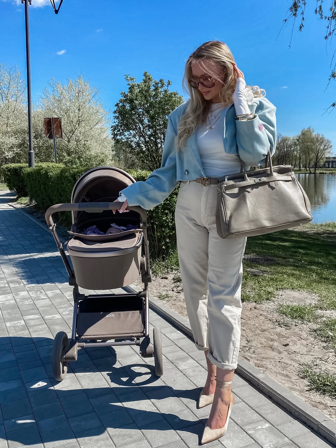 Chic Blue Cropped Blazer and Cream Trouser Mom Style