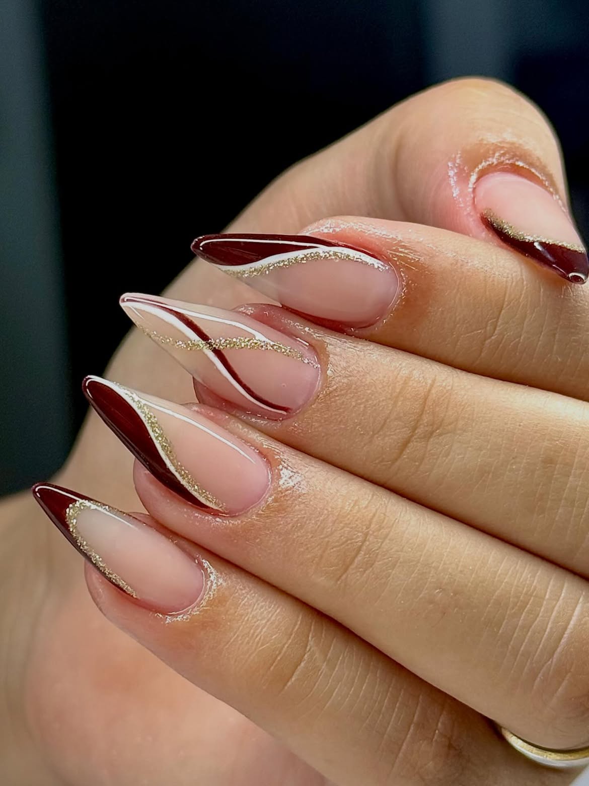 Chic Burgundy French Tips with Gold Glitter Accents