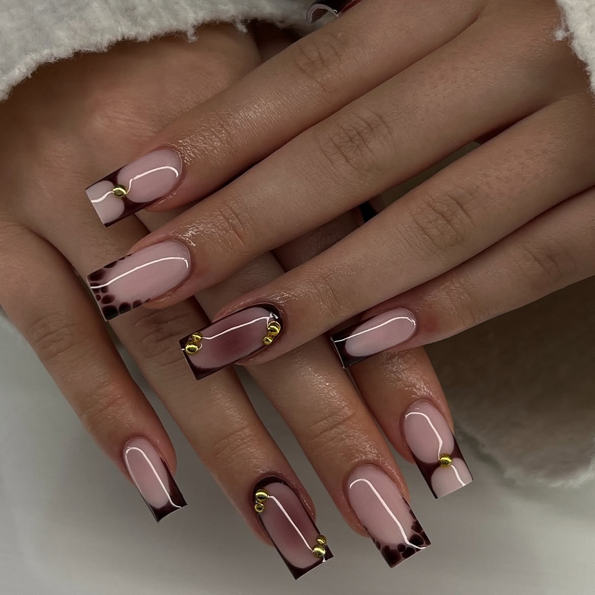 Chic Burgundy Gradient French Tips with Gold Accents