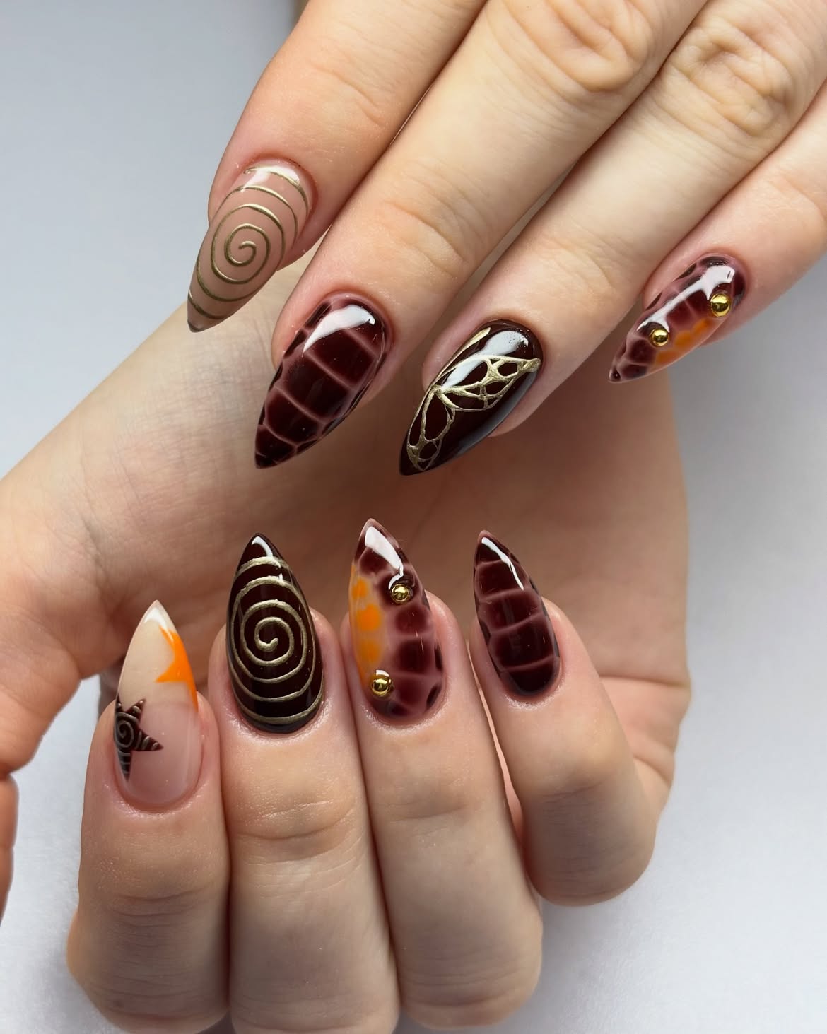 Chic Chocolate Croc Swirl Almond Nails