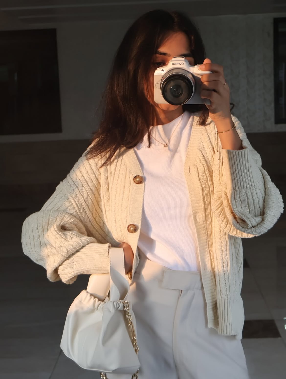 Chic Cream Cable Knit Cardigan With Matching Trousers