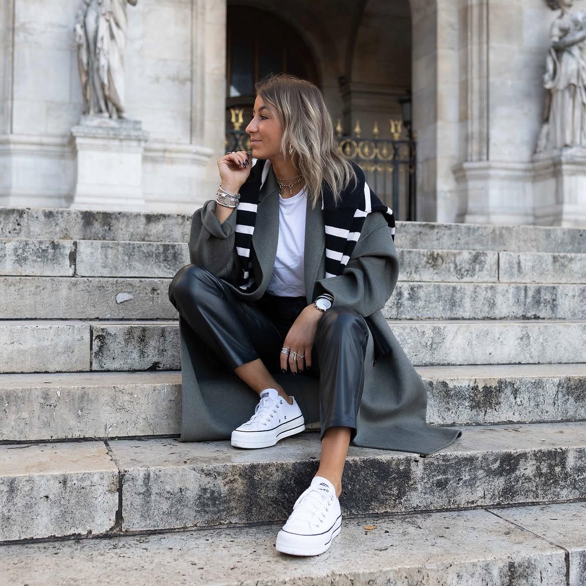Chic Faux Leather Pants & Casual Sneakers Outfit