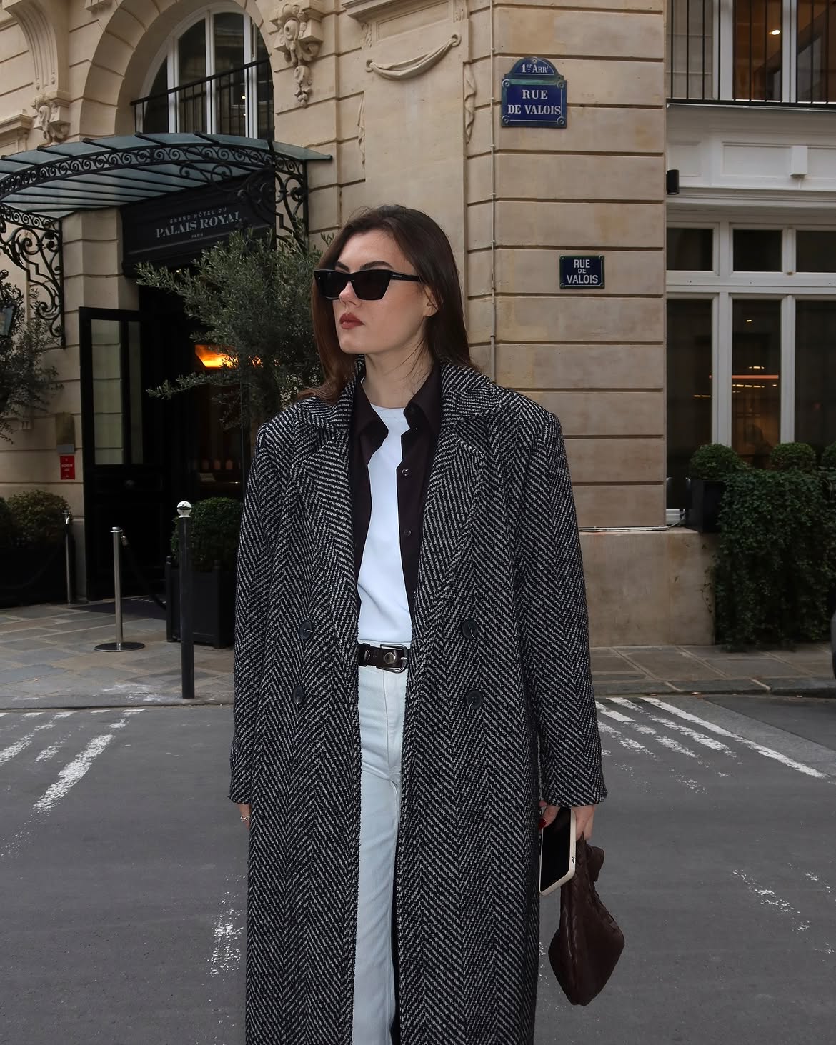 Chic Herringbone Coat With Light Wash Denim