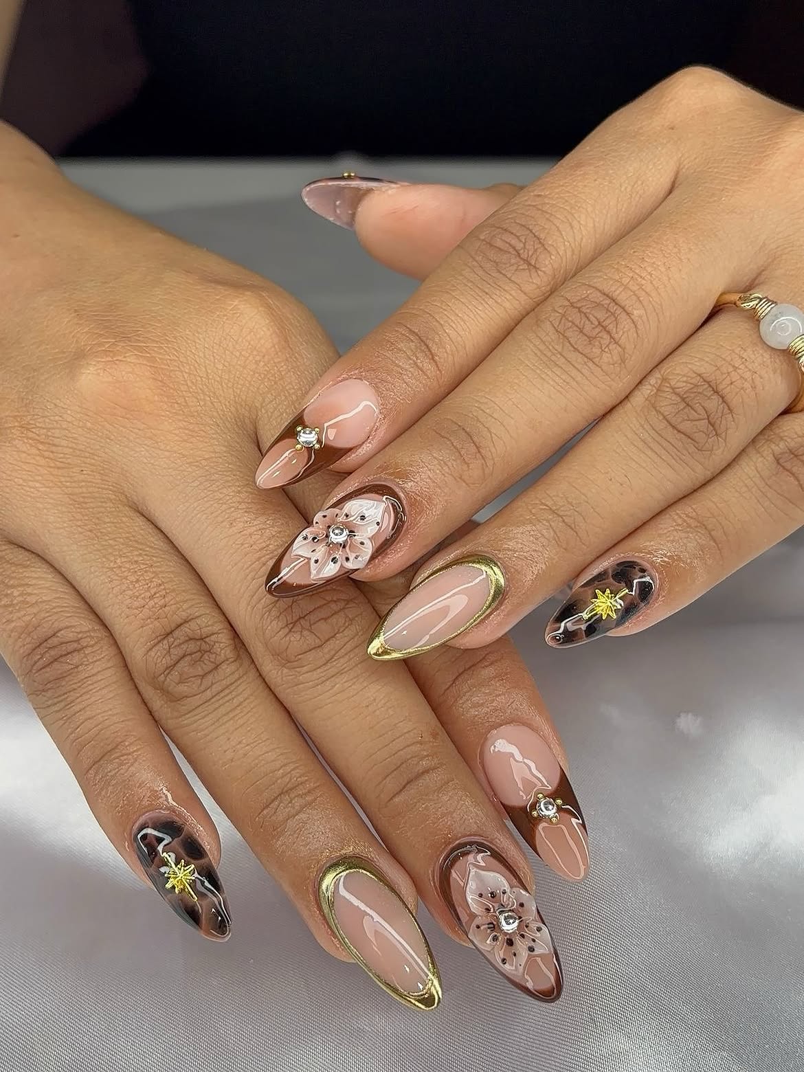 Chic Leopard Floral French Tip Almond Nails