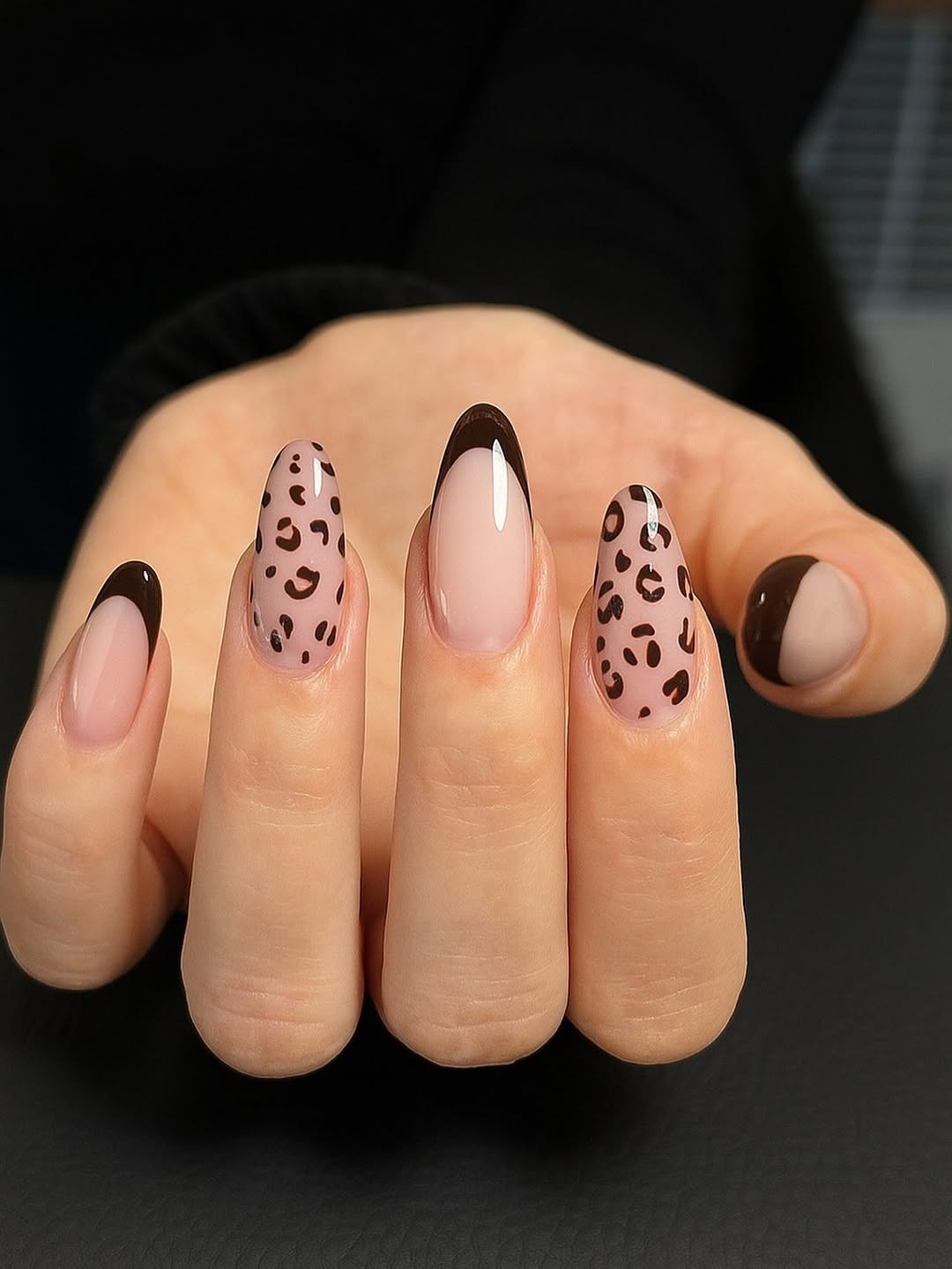 Chic Leopard Print French Almond Nails
