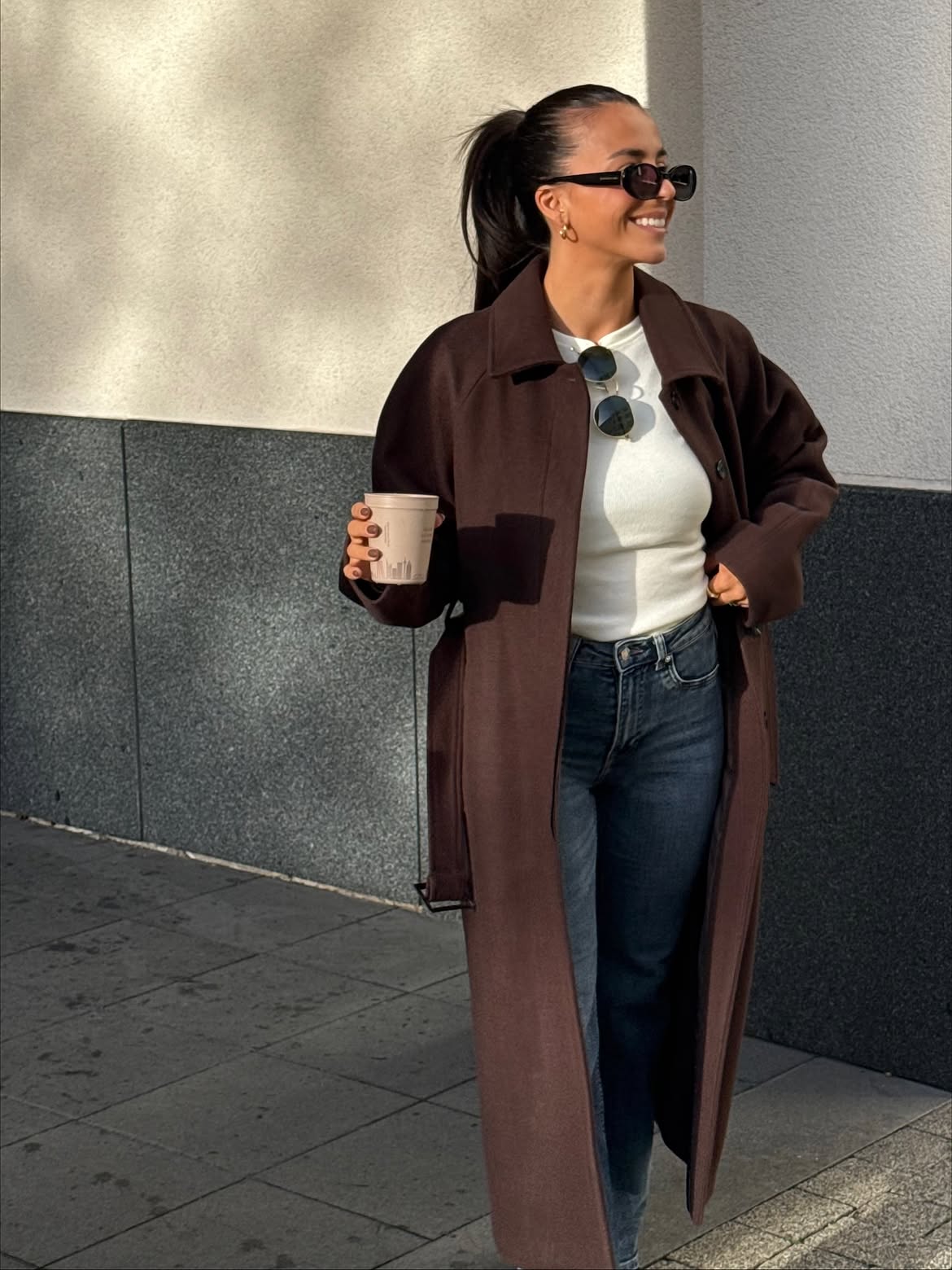 Chic Longline Coat With Fitted Denim