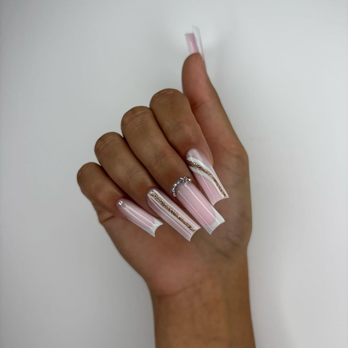 Chic Pink & White French With Gold Glitter Accents