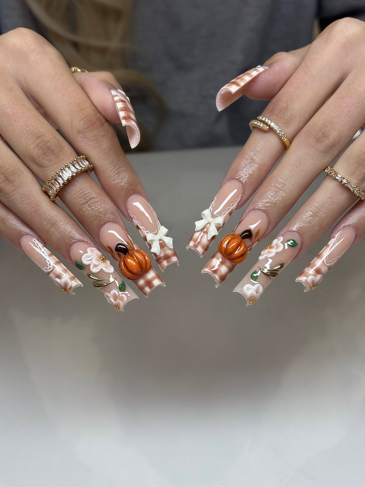 Chic Pumpkin Patch Plaid French Tips with 3D Bows