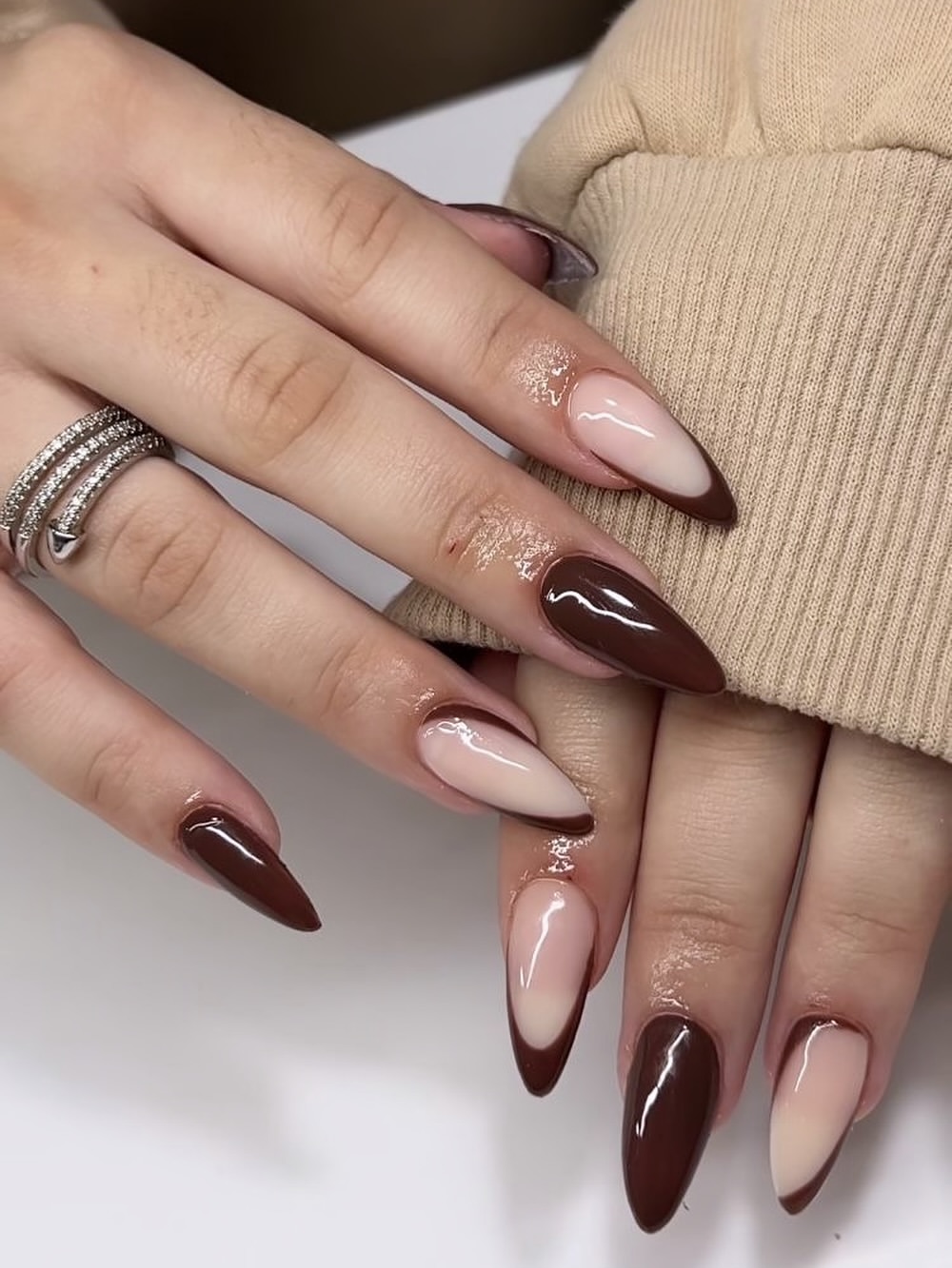 Chocolate Almond French Tip Nails