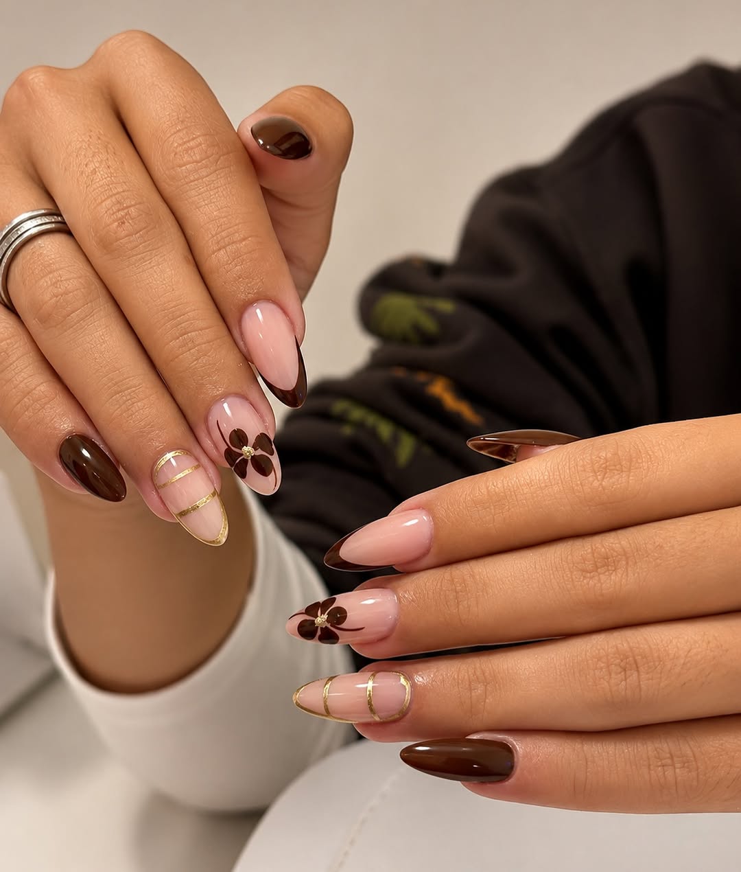 Chocolate Brown French Almond Nails with Floral Accents