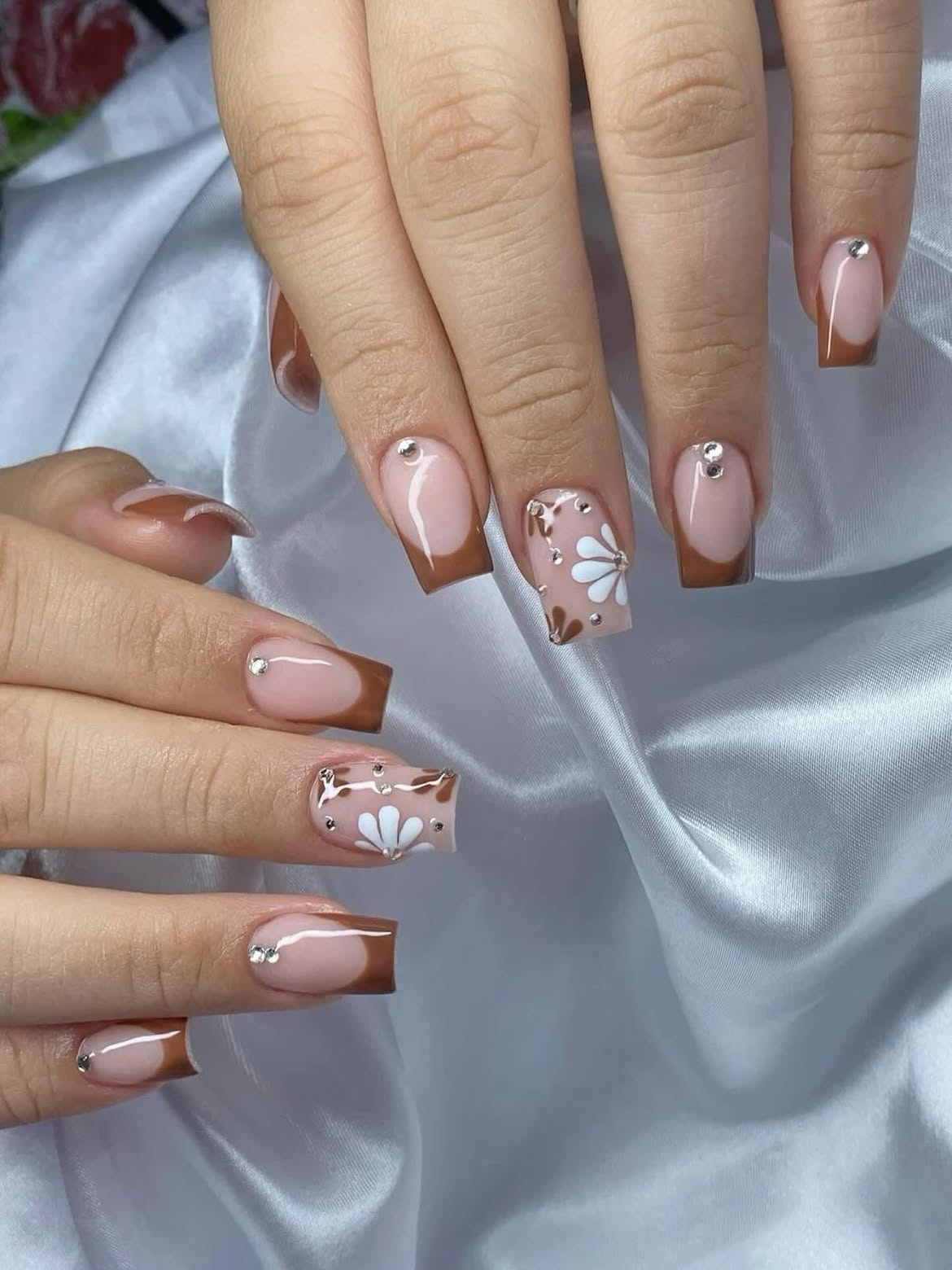 Chocolate Brown French Tips with Daisy Art