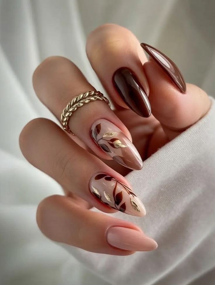 Chocolate Brown Ombre Almond Nails with Gold Leaf Art
