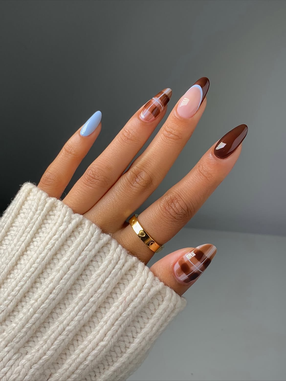 Chocolate Brown Plaid Almond French Tips
